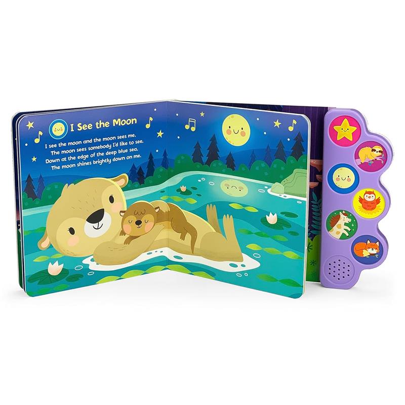 Interactive bedtime book featuring a bear and a puppy by a pond, with lyrics and sound buttons for songs.