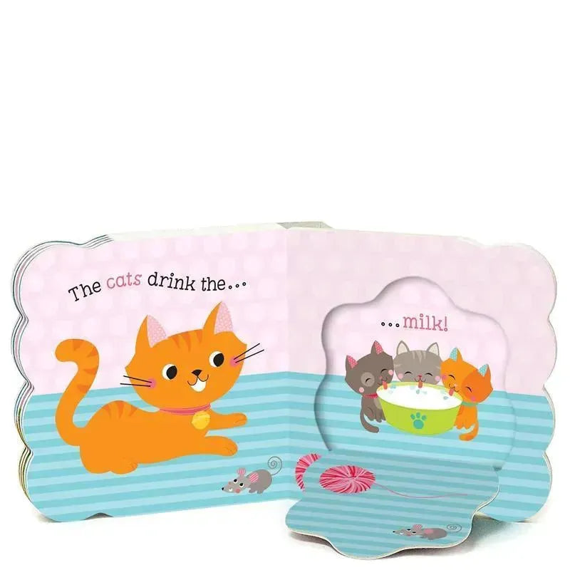 Board book for children featuring playful illustrations of cats drinking milk, with text prompting engagement.