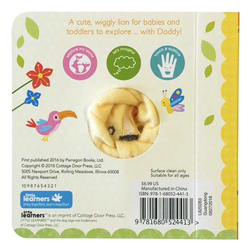 A colorful finger puppet book featuring a wiggly lion, with engaging prompts for babies and toddlers to explore with Daddy.