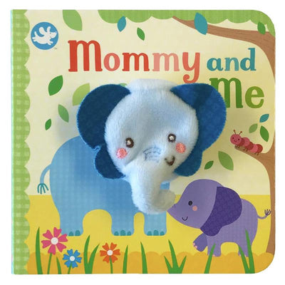 Mommy and Me Finger Puppet Book featuring a soft blue elephant puppet on the cover with colorful illustrations and text.