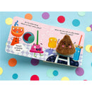 Interactive finger puppet book with a smiling poop character, colorful illustrations, and humorous text, encouraging jokes.