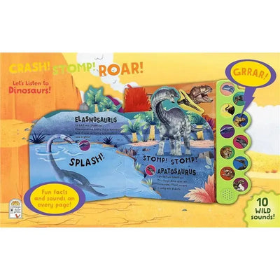 Sound book featuring dinosaurs with interactive sounds, showcasing Elasmosaurs and Apatosaurus, with vivid illustrations and text.