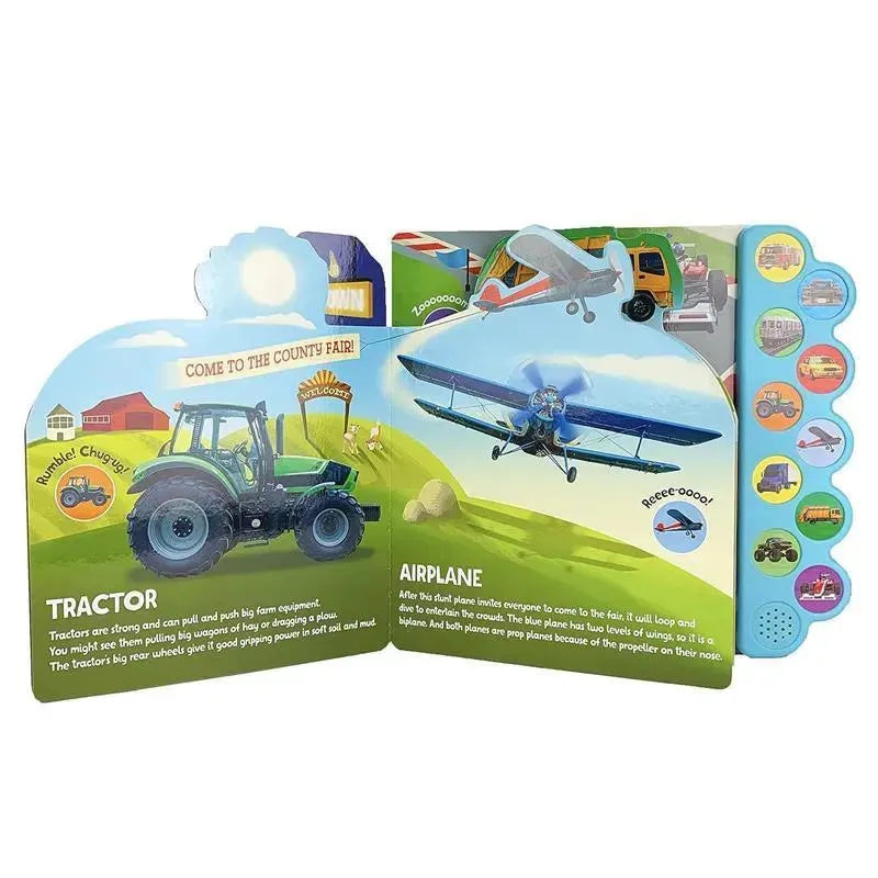 Sound book featuring a green tractor and a blue airplane, with illustrations and text about farm vehicles and their sounds.