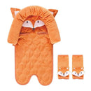 Unisex baby car seat insert and strap covers featuring a fox design, in soft orange fabric with ear and face details.