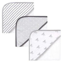 Set of three Hudson Baby cotton-rich hooded towels featuring striped, starry, and elephant patterns.