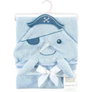 Hooded towel shaped like a narwhal, featuring a pirate hat, eyepatch, and a bow, designed for babies.