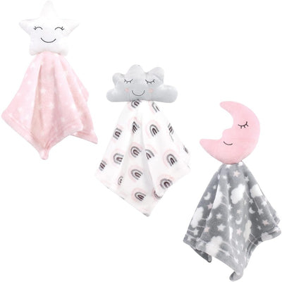 Plush security blankets featuring a star, cloud, and moon design in pastel colors, ideal for infants.