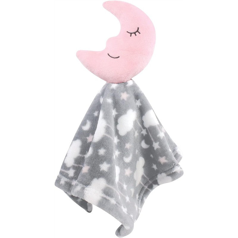 Plush security blanket featuring a pink moon head and a gray blanket with cloud and star patterns.