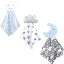 Plush security blankets featuring a smiling star, cloud, and crescent moon, in soft pastel colors with decorative patterns.