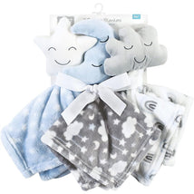 Plush security blankets set featuring three designs: a star, moon, and cloud in soft pastel colors, tied with a ribbon.