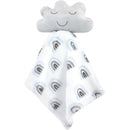 Plush security blanket featuring a cloud head and a soft fabric displaying rainbow patterns in muted colors.