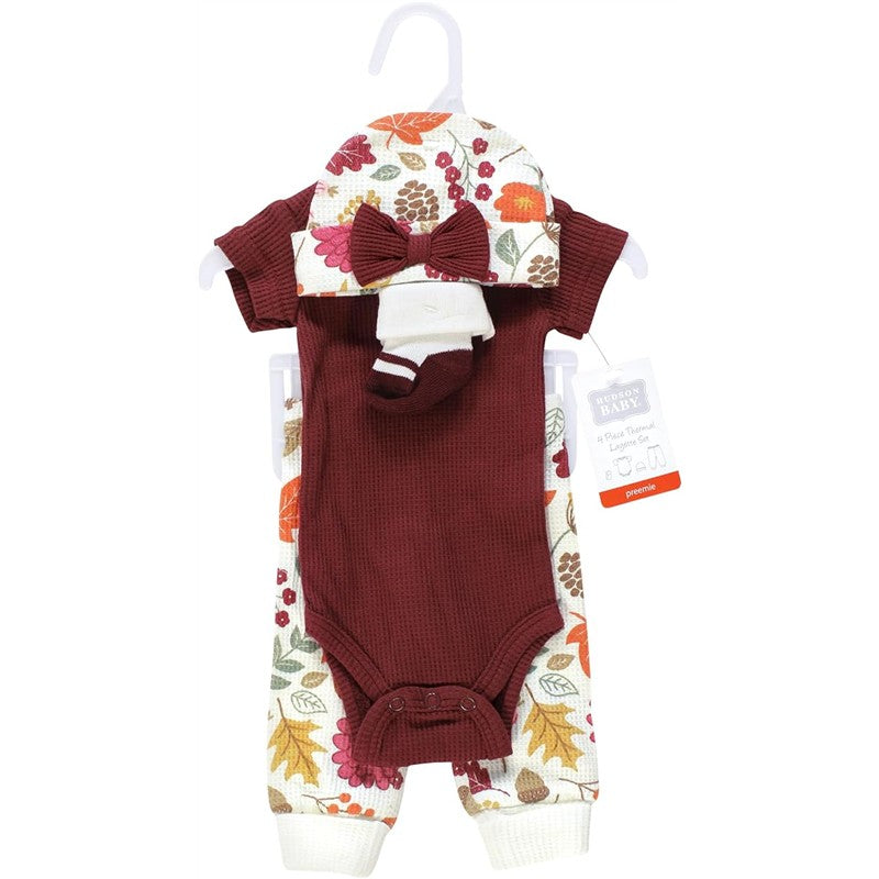 4-piece preemie thermal layette set featuring a brown short-sleeve onesie, floral pants, a matching hat, and a sock.