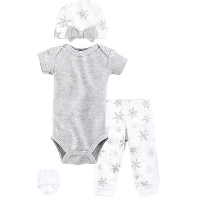 Preemie thermal layette set with a gray short sleeve onesie, white pants with snowflakes, matching hat, and socks.