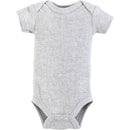 Gray short sleeve thermal bodysuit for preemie babies, featuring ribbed texture and snap closure at the bottom.