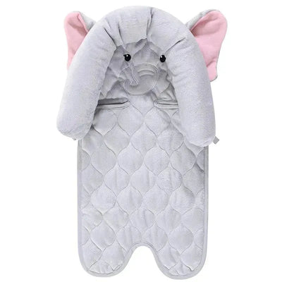 Gray baby car seat insert shaped like an elephant with pink ears and a quilted texture, includes strap covers.
