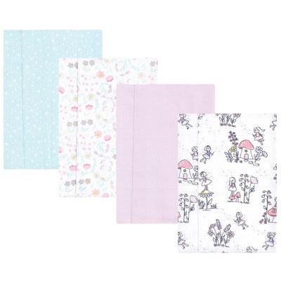 Hudson Baby unisex cotton flannel burp cloths in pastel colors, featuring floral and fairy patterns, four pieces total.
