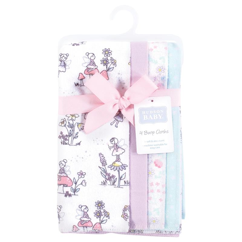 Hudson Baby unisex cotton flannel burp cloths featuring garden fairies design, includes four absorbent cloths with soft pastel colors.