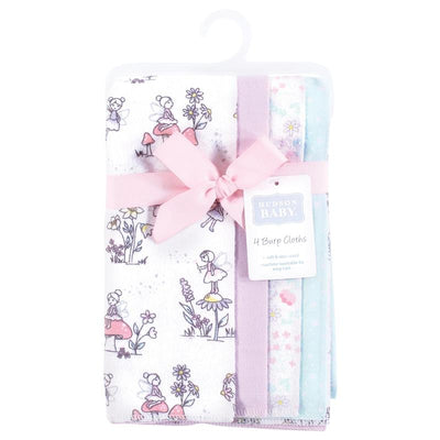Hudson Baby unisex cotton flannel burp cloths featuring garden fairies design, includes four absorbent cloths with soft pastel colors.