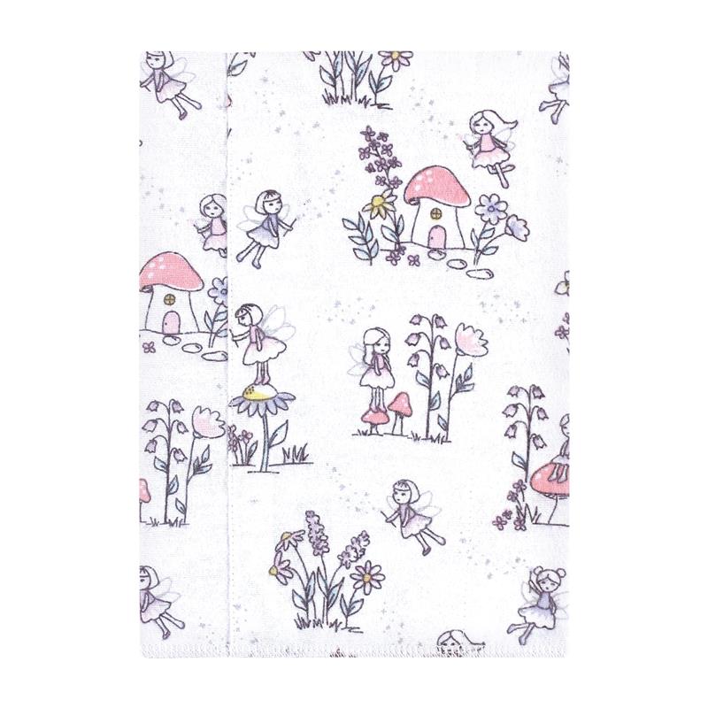 Cotton flannel burp cloth featuring whimsical garden fairy illustrations on a white background.