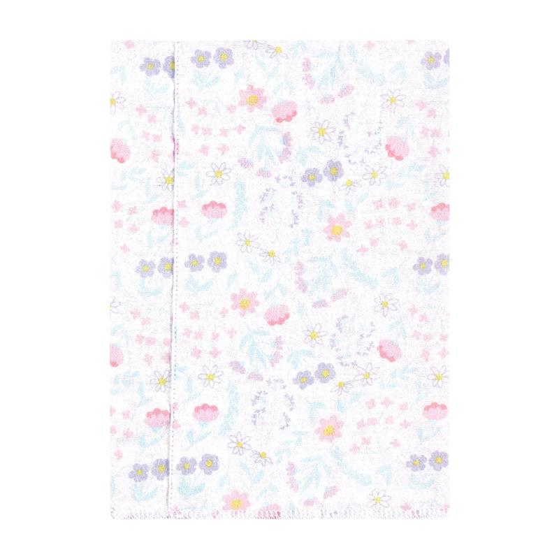 Cotton flannel burp cloth featuring a delicate garden fairies design with pastel flowers on a white background.
