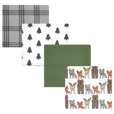 Four baby receiving blankets featuring different designs: grey plaid, green, trees on white, and forest animals.