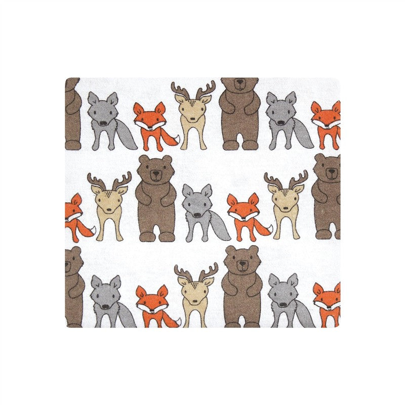 Cotton flannel receiving blanket featuring a playful wild forest animal pattern with bears, foxes, and moose.