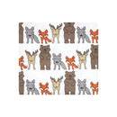 Cotton flannel receiving blanket featuring a playful wild forest animal pattern with bears, foxes, and moose.