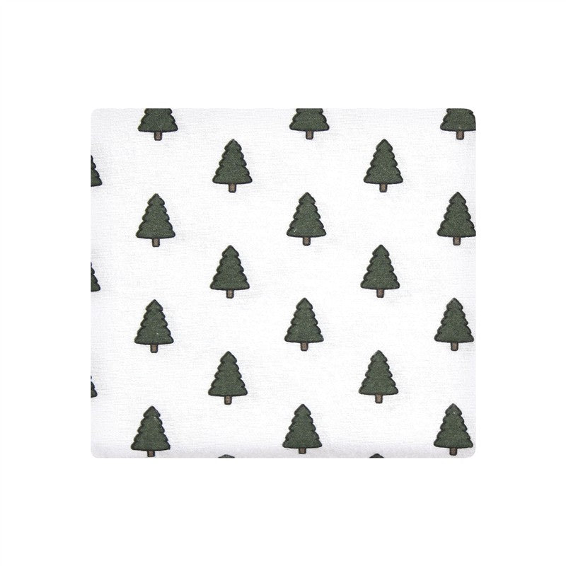 Cotton flannel receiving blanket featuring a wild forest pattern with repeated green trees on a white background.