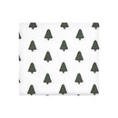 Cotton flannel receiving blanket featuring a wild forest pattern with repeated green trees on a white background.