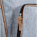 Grey Hug - New York Backpack featuring a distinctive zipper with a leather pull tab and tan accents on textured fabric.