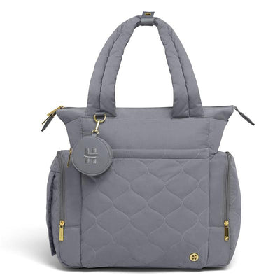 Cozy HUGGIES Hugpack Tote Diaper Bag in Quiet Smoke Quilted design, featuring gold accents and multiple zippered compartments.