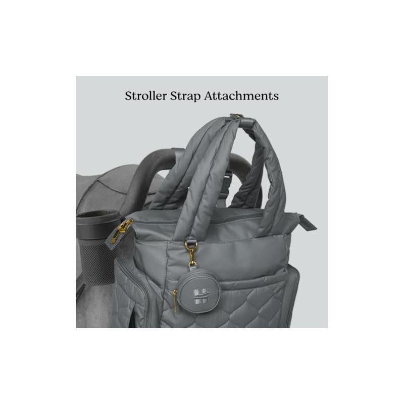 HUGGIES Cozy Hugpack Tote Diaper Bag in Quiet Smoke Quilted fabric with stroller strap attachments.