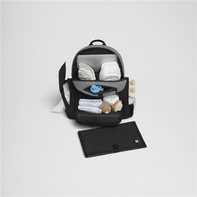 HUGGIES Day Pack Diaper Backpack in Bridal Rose/Two Tone, open with diapers, bottles, and a changing mat visible inside.