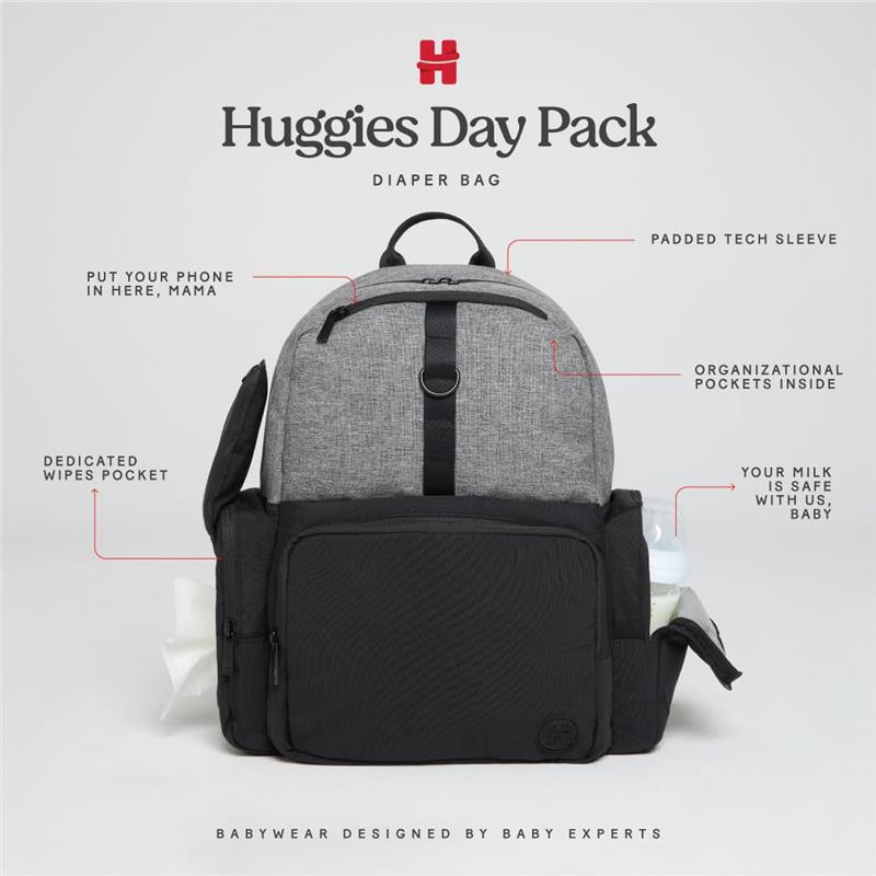 HUGGIES Day Pack Diaper Backpack in Bridal Rose/Two Tone with various features labeled, including a tech sleeve and wipes pocket.