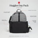 HUGGIES Day Pack Diaper Backpack in Bridal Rose/Two Tone with various features labeled, including a tech sleeve and wipes pocket.