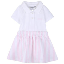Light pink 2-in-1 dress featuring a white polo-style top and pink striped skirt, designed for baby girls.
