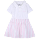 Light pink 2-in-1 dress featuring a white polo-style top and pink striped skirt, designed for baby girls.