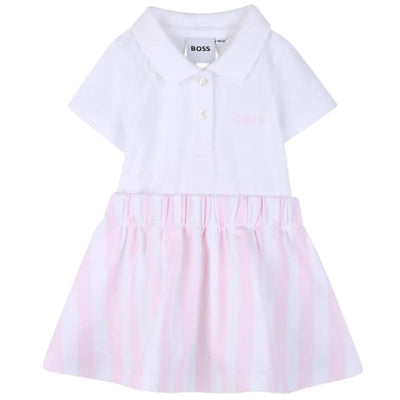 Light pink 2-in-1 dress featuring a white polo-style top and pink striped skirt, designed for baby girls.