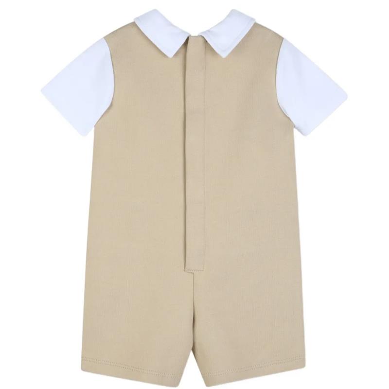 Light beige 3-in-1 jumpsuit with white collared short sleeves, featuring a back tie detail. Suitable for babies.