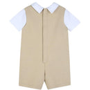 Light beige 3-in-1 jumpsuit with white collared short sleeves, featuring a back tie detail. Suitable for babies.