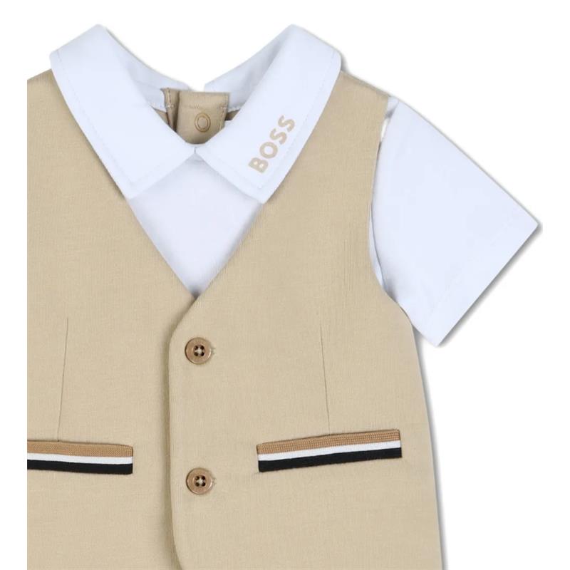 Hugo Boss Baby 3-in-1 jumpsuit featuring a beige vest with white polo shirt and decorative pocket details.