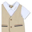 Hugo Boss Baby 3-in-1 jumpsuit featuring a beige vest with white polo shirt and decorative pocket details.