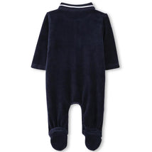 Navy Hugo Boss Baby polo footie for boys, featuring long sleeves, a collar, and soft footed design.