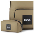 Hugo Boss Baby dark stone backpack and matching pencil case in polyester canvas with black logo detail.