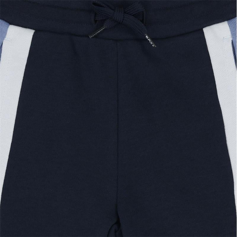 Navy color-block fleece shorts for boys featuring an elastic waistband with drawstring and contrasting side panels.