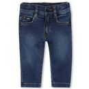Denim pants for boys by Hugo Boss, featuring a dark wash, classic five-pocket design, and logo label.