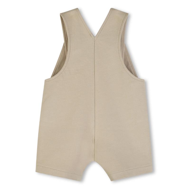 Cotton shortalls for boys in a stone color, featuring a sleeveless design and a V-back.