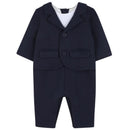 Navy blue suit-style romper for boys by Hugo Boss, featuring a blazer top, white undershirt, and two front pockets.