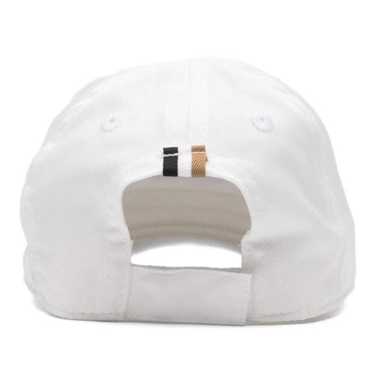 White cotton baby cap by Hugo Boss, featuring a back opening and three contrasting stripes in black, brown, and white.
