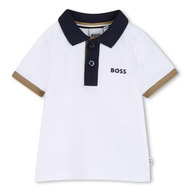 Baby cotton polo shirt in white with navy collar and brown accents, featuring the BOSS logo on the chest.